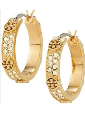 ✺ Gold-Tone Tory Burch Miller Gold and Crystal Logo Huggie/Hoops ✺✺